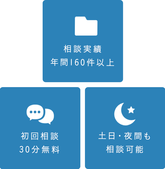 相談実績年間160件以上 初回相談30分無料 土日・夜間も相談可能 女性弁護士在籍